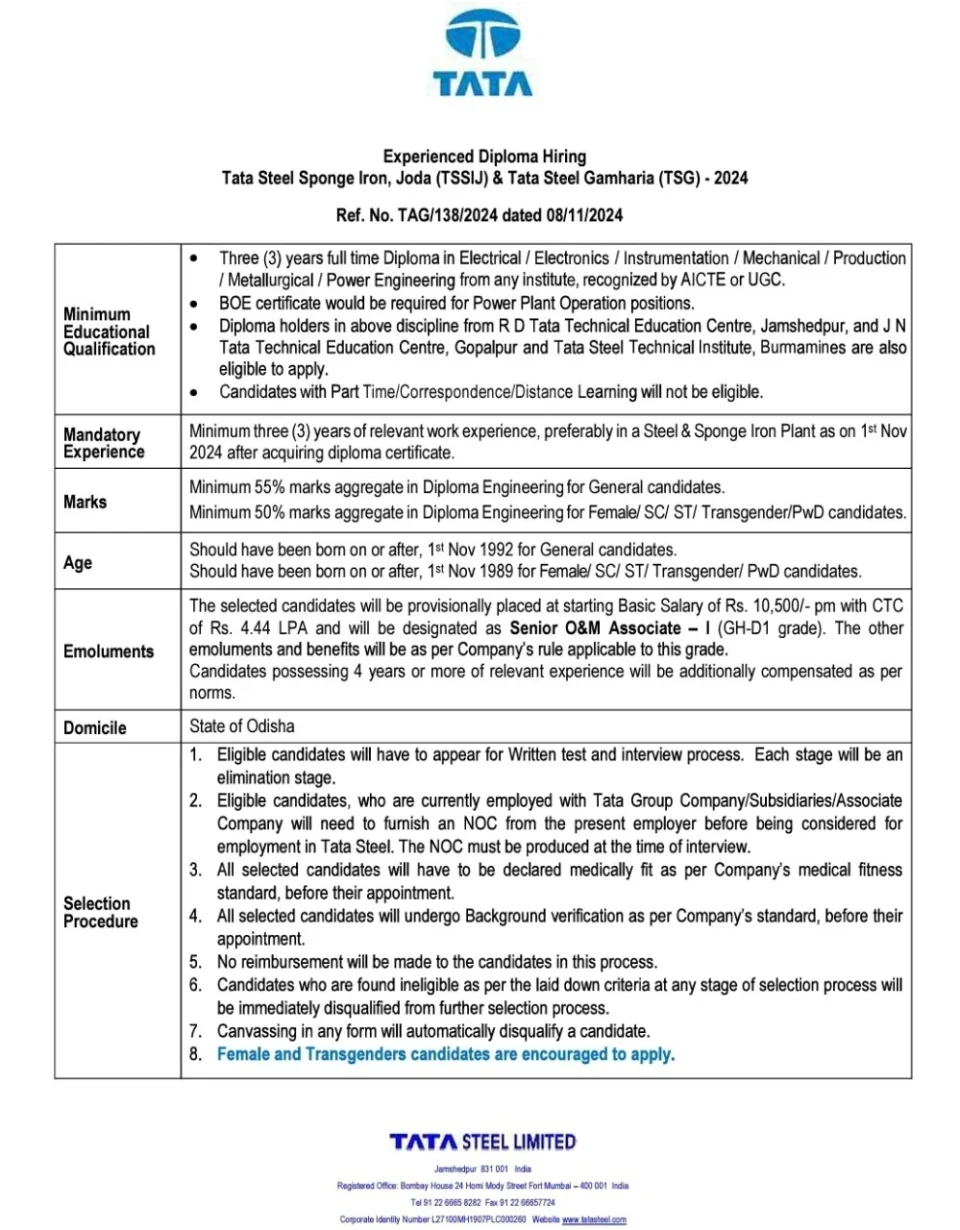Tata Steel Recruitment 2024 For Diploma Btech 3 tata steel recruitment 2024 Odisha